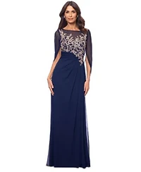 Betsy Adam Womens Sequin Floral Cape Sleeve Chiffon Gown