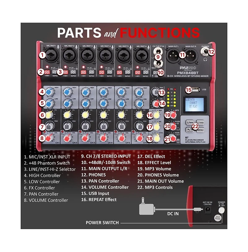 Pyle 8-Channel Bluetooth Studio Dj Mixer with Usb & Phantom Power - PMX848BT