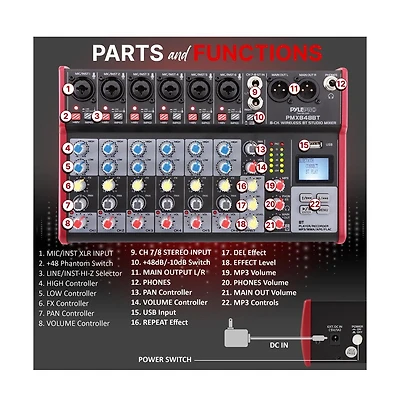 Pyle 8-Channel Bluetooth Studio Dj Mixer with Usb & Phantom Power - PMX848BT