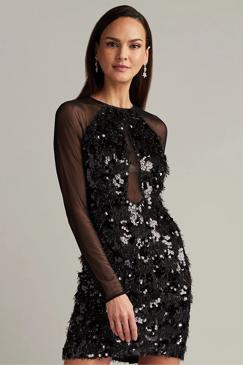 Tadashi Shoji Dina Sequin Eyelash Fringe Mini Dress
