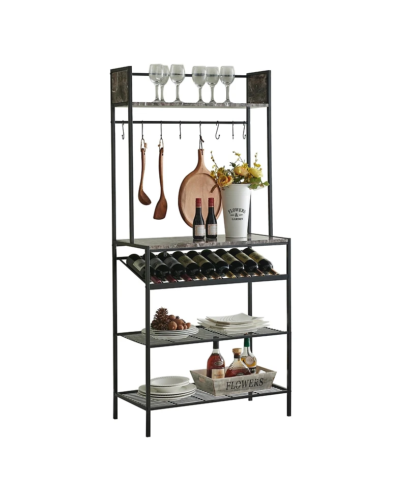 Kings Brand Furniture Wine Bakers Rack, Freestanding Floor Storage Shelves Microwave Stand, Kitchen Organizers with Wine Bottle and Glass Holder, Bar