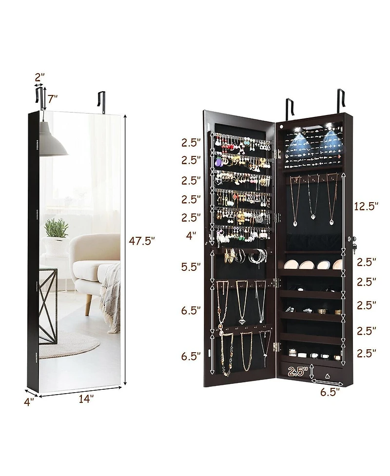 Sugift Wall and Door Mounted Mirrored Jewelry Cabinet with Lights-Brown