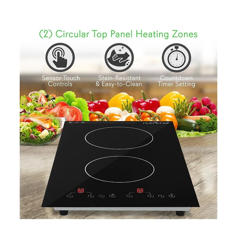 NutriChef Dual Induction Cooktop with Digital Display and Adjustable Temperature, Compact Double Burner - PKSTIND52