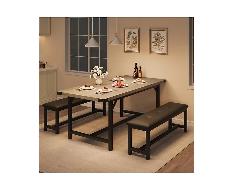 gaomon Dining Table Set for 4-6, 63" Dining Table Set, Extendable Kitchen Table with 2 Upholstered Benches, Strong Metal Frame Dinner Room Extendable