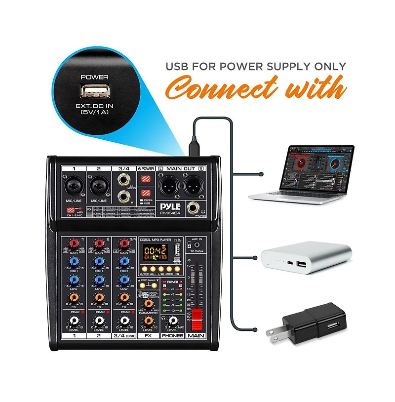 Pyle 4-Channel Audio Mixer with Fx Processor, Usb Interface, and MP3 Player - PMX464