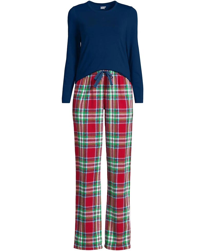 Lands' End Plus Pajama Set Knit Long Sleeve T-Shirt and Flannel Pants