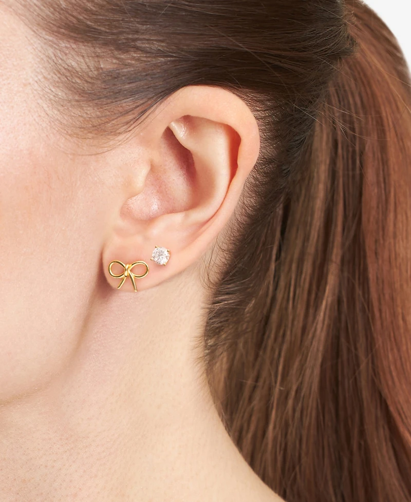 Macy's 2-Pc. Set Bow & Crystal Stud Earrings in 14k Gold Over Sterling Silver