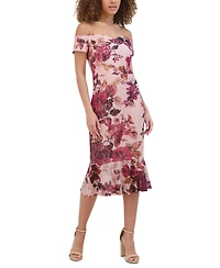 Siena Women's Off-the-Shoulder Printed Floral Lace Midi Dress
