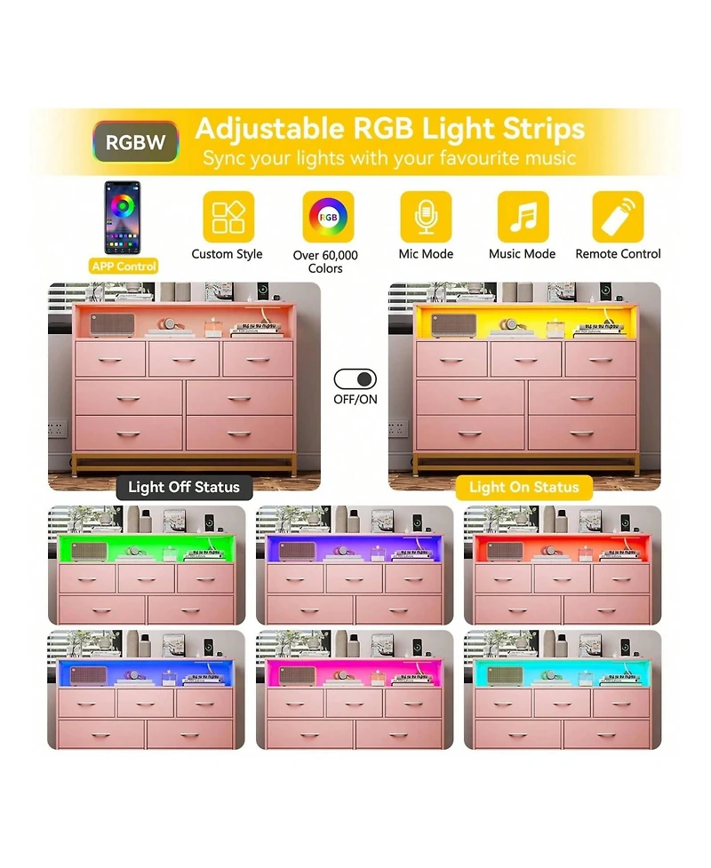 Dresser For Bedroom, Modern 7 Drawers Long Dresser With Charging Station And Led Lights Design