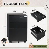 3-Drawer Mobile File Cabinet with Smart Lock, Pre-Assembled Steel Pedestal Under Desk, Black