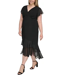 Tommy Hilfiger Women's Plus Size Flutter-sleeve Ruffle High-low A-line Dress