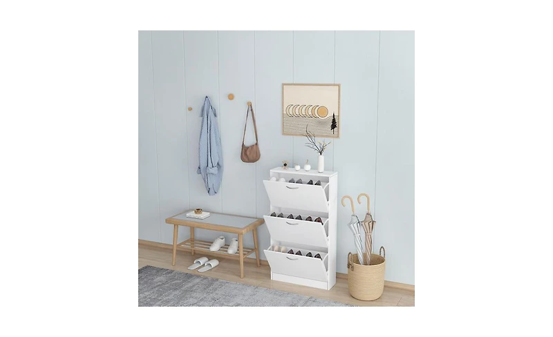 Narrow Shoe Cabinet for Entryway – 3-Tier Flip-Down Shoe Rack & Wood Organizer for Small Spaces