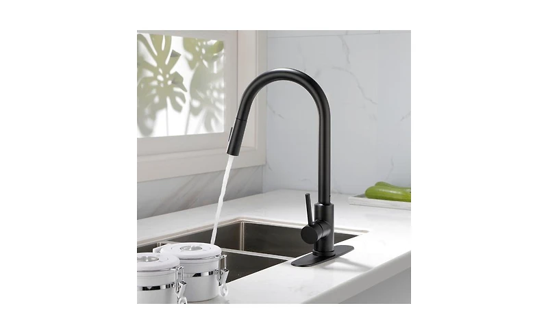 Slickblue Single Handle High Arc Pull-Out Kitchen Faucet Stainless Steel Sink with Pull-Down Sprayer