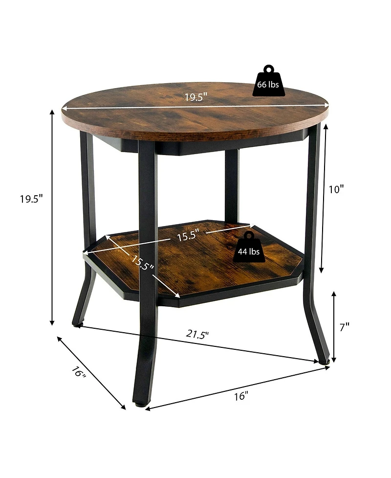 Gymax 2-Tier Sofa End Side Table Nightstand Round Tabletop for Living Room