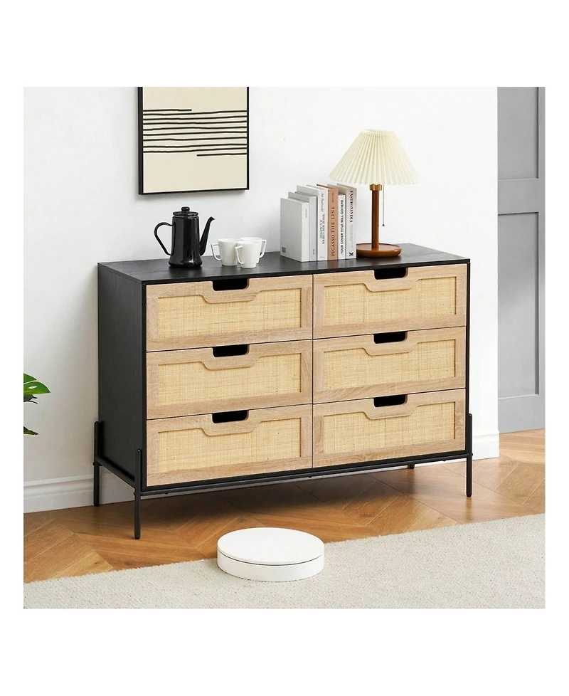 6 Drawers Dresser For Bedroom, Natural Rattan Drawer With Spacious Storage, Wood Chest Of Drawers With Metal Legs For Bedroom, Living Room, Hallway