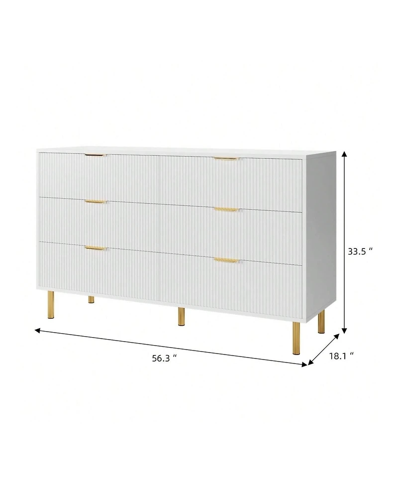 6 Drawer Dresser For Bedroom, 56" Wide Wood Dresser Organizer With Metal Legs, Modern Chest Of Drawers For Bedroom, Hallway
