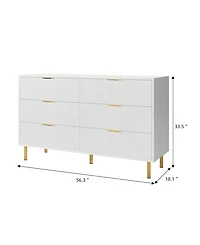 6 Drawer Dresser For Bedroom, 56" Wide Wood Dresser Organizer With Metal Legs, Modern Chest Of Drawers For Bedroom, Hallway