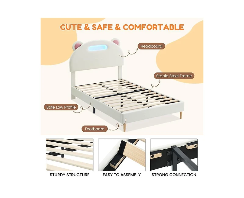 gaomon Led Twin Bed Frame with Beige Upholstered Adjustable Headboard, Velvet Platform, Wooden Slat Support, Noise-Free, No Box Spring Needed, Easy As