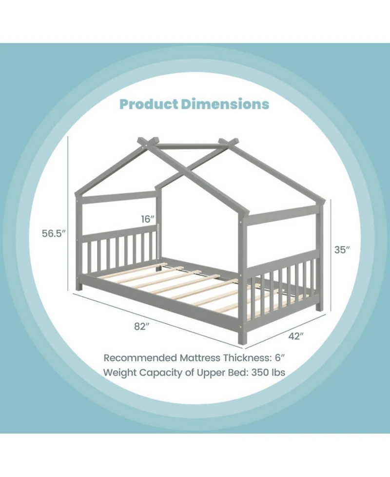 Sugift Twin Size Wooden House Bed with Roof