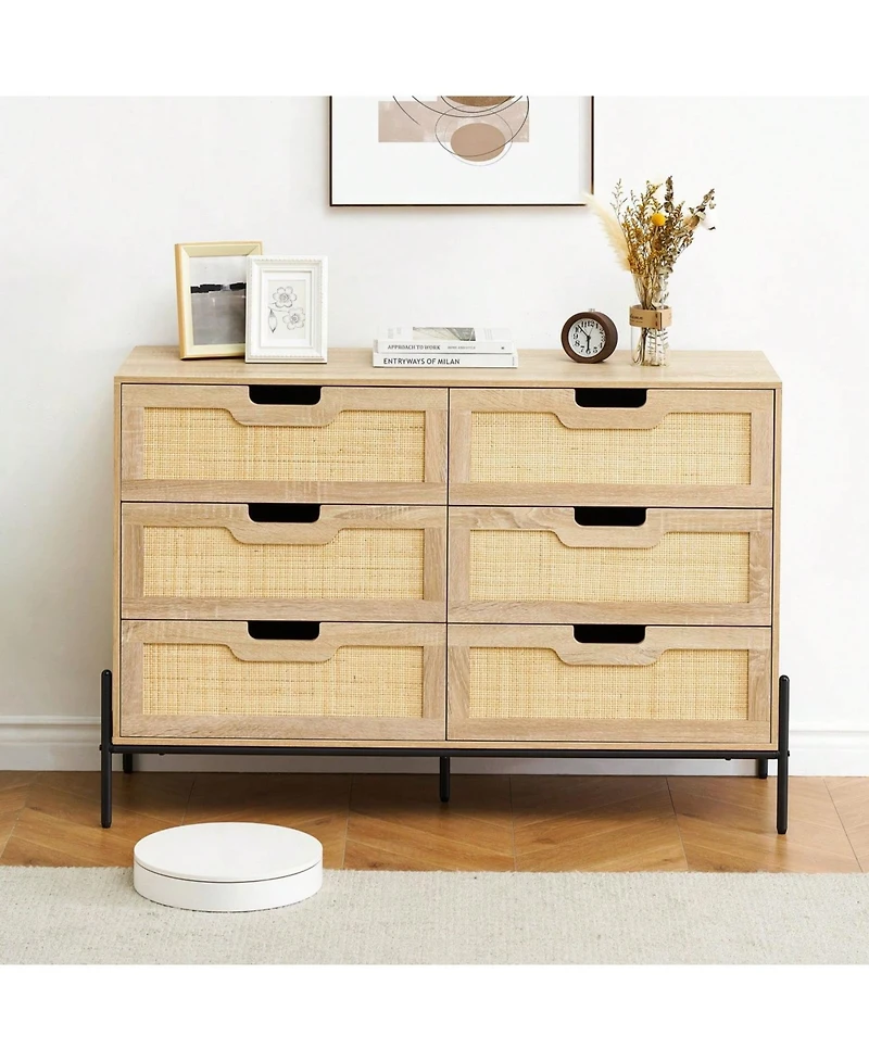 6 Drawers Dresser For Bedroom, Natural Rattan Drawer With Spacious Storage, Wood Chest Of Drawers With Metal Legs For Bedroom, Living Room, Hallway, E