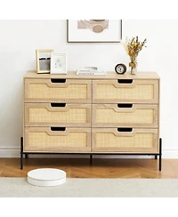 6 Drawers Dresser For Bedroom, Natural Rattan Drawer With Spacious Storage, Wood Chest Of Drawers With Metal Legs For Bedroom, Living Room, Hallway, E