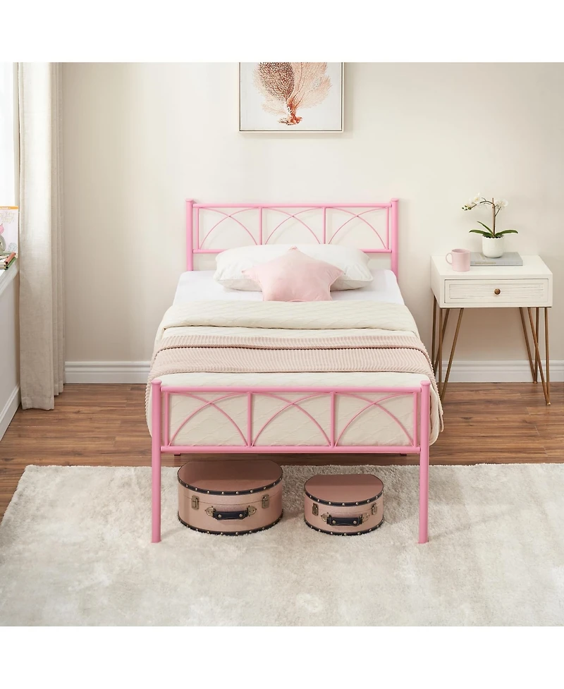 gaomon Metal Bed Frame Twin Pink, Sturdy Modern Stylish Iron Twin Bed Frame with Headboard and Footboard