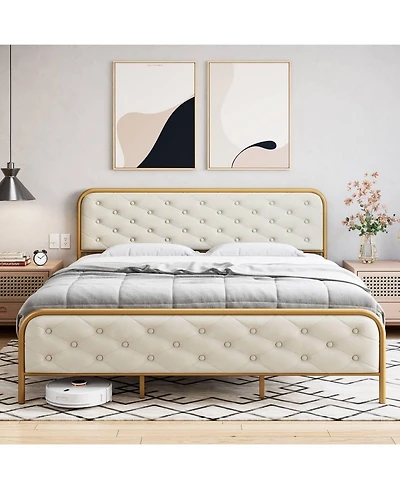 gaomon Upholstered King Size Bed Frame, Velvet Upholstery Platform Bed with Button Tufted Curved Headboard, Sturdy Wooden Slats