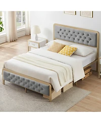 Gaomon Full Size Bed Frame, Velvet Upholstered Platform Bed with Button Tufted Headboard