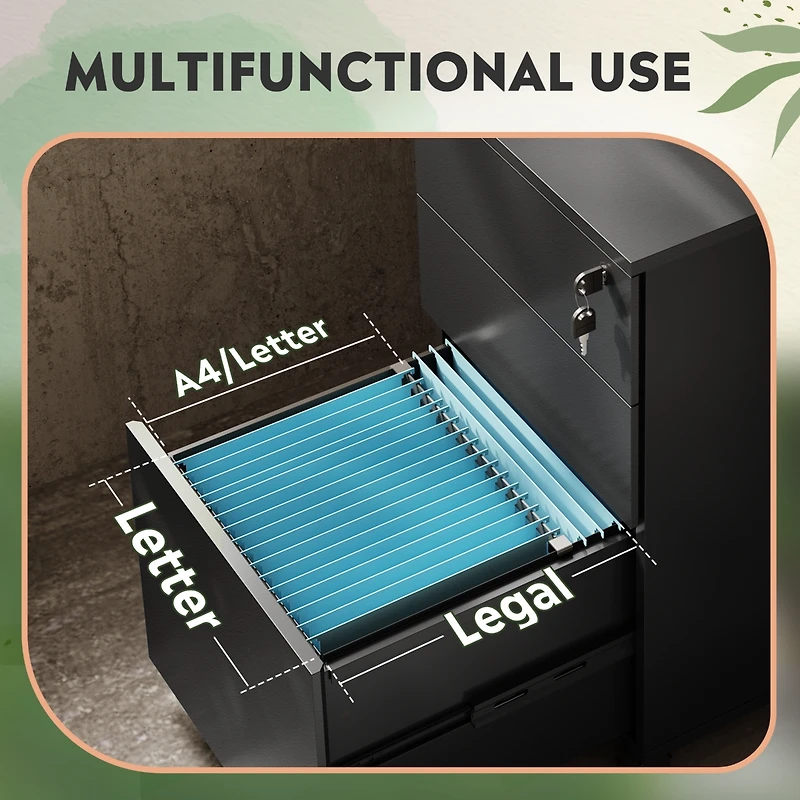 Galaxhero 3-Drawer Rolling File Cabinet with Lock, Small Wood Office Filing Cabinet for Home Office, Fits Letter/Legal/A4 Size Folders, Under Desk, Bl