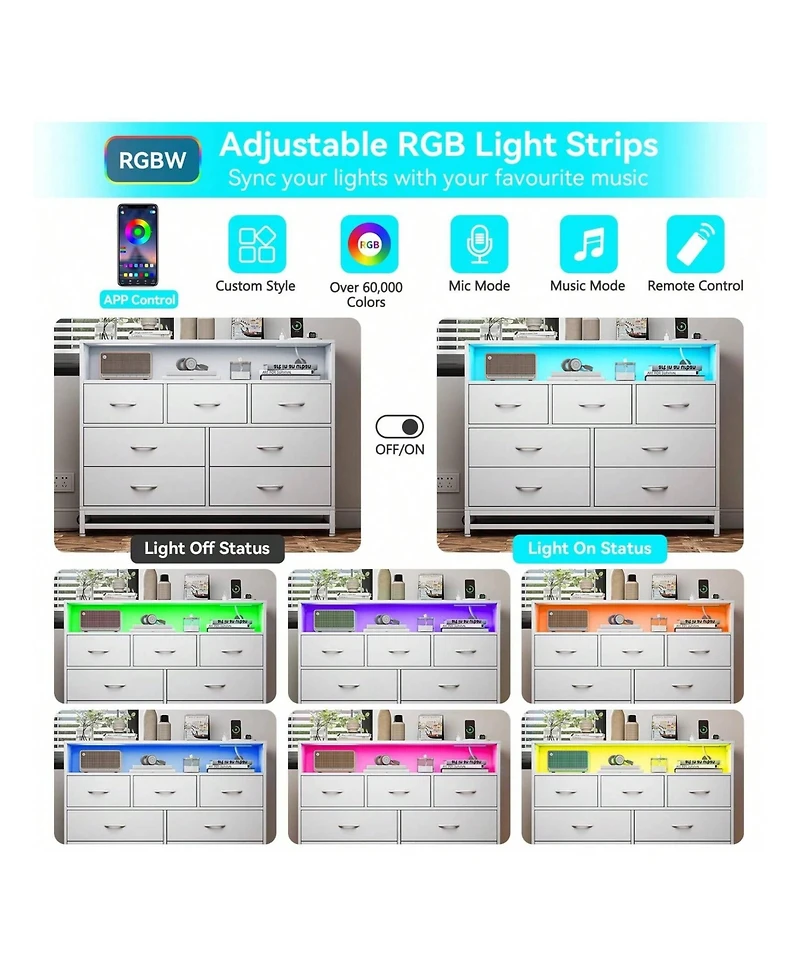 gaomon Dresser For Bedroom, Modern 7 Drawers Long Dresser With Charging Station And Led Lights Design