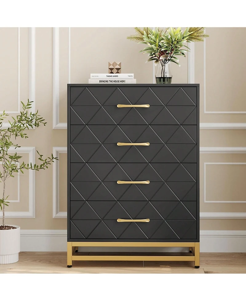 Dresser For Bedroom With 4 Drawers And Metal Handle,Chest Of Drawers, Sturdy Frame Modern Bedroom Furniture, Wood Dressers With Drawers
