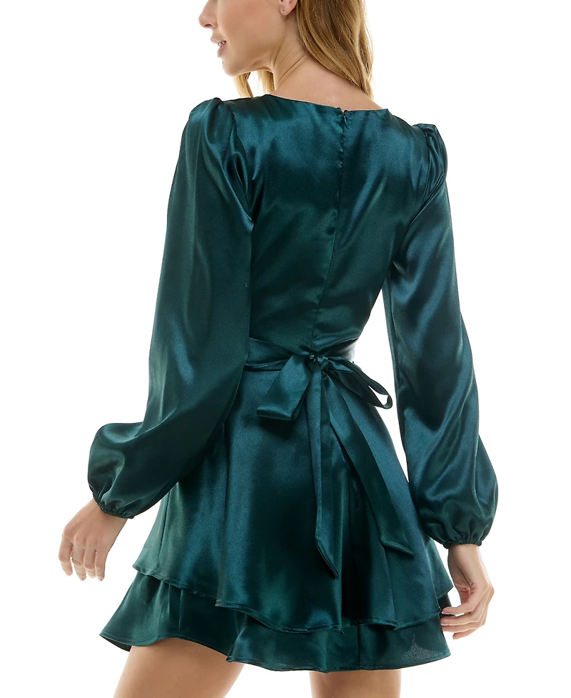 Crystal Doll Juniors' Blouson-Sleeve Satin A-Line Dress