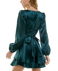 Crystal Doll Juniors' Blouson-Sleeve Satin A-Line Dress