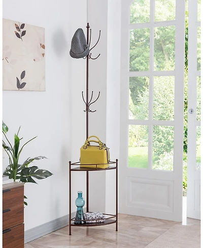 Kings Brand Furniture - Free Standing Metal Corner Coat & Hat Rack Stand, 12 Hooks 2 Shelves, Bronze