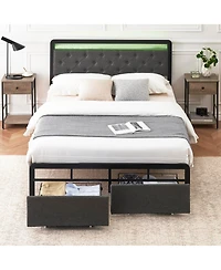 gaomon Full Size Bed Frame with Led Lights Headboard, Upholstered Bed with Headboard and 2 Storage Drawers