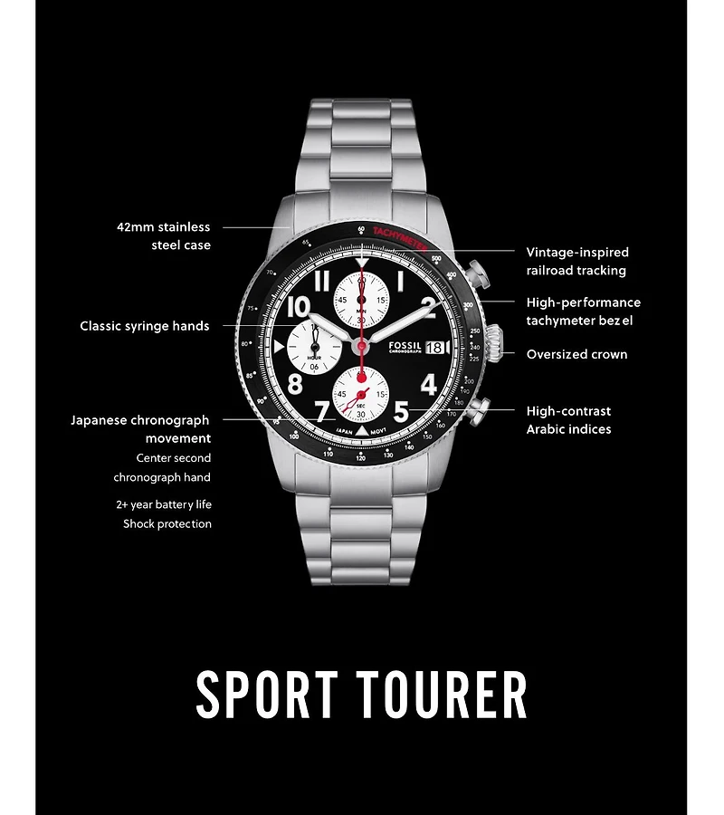 Fossil Men's Sport Tourer Chronograph Silver-Tone Stainless Steel Watch 42mm