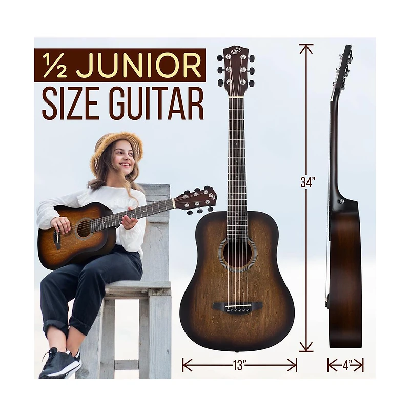 Pyle 34" Acoustic Guitar Kit - 6-String 1/2 Junior Size Guitar with Accessories, Brown (PGA820BR)