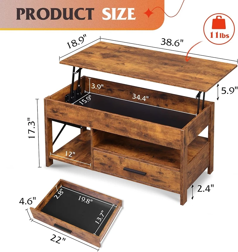 Wlive Lift Top Coffee Table for Living Room,Coffee Table with Storage,Hidden Compartment and Metal Frame, Central Table for Reception Room,Rustic Brow
