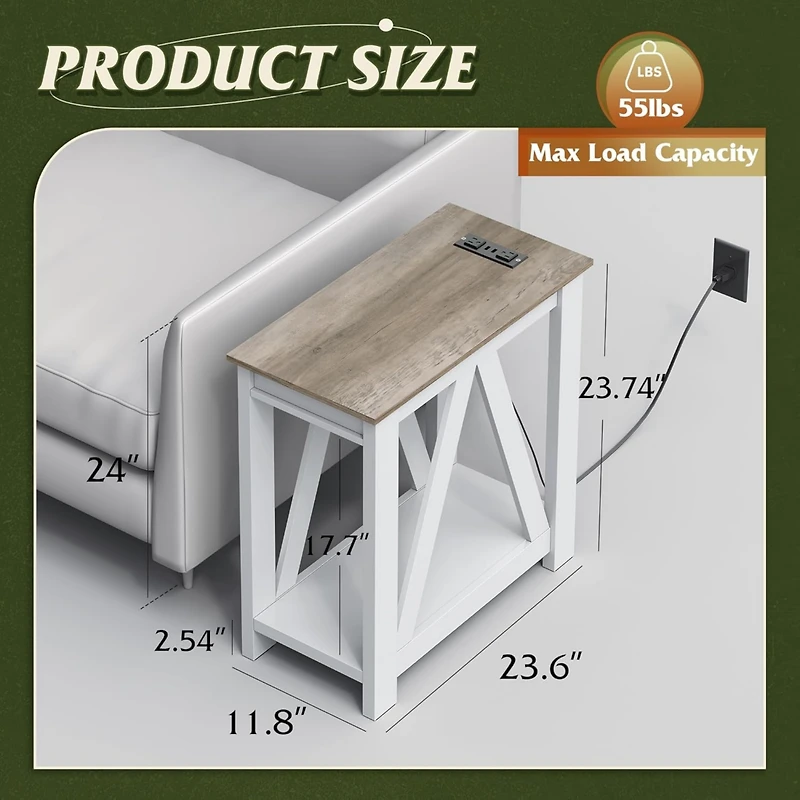 Wlive Narrow End Table with Charging Station of Open Storage Shelf，Sofa Side Table with 2 Usb and 2 Power Outlets，Slim Farmhouse End Tab