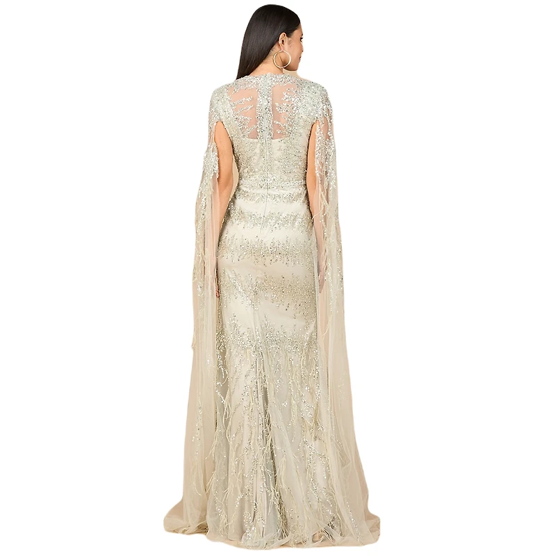 Lara Women's V - Neck Gown with Long Cape Sleeves and Feathers