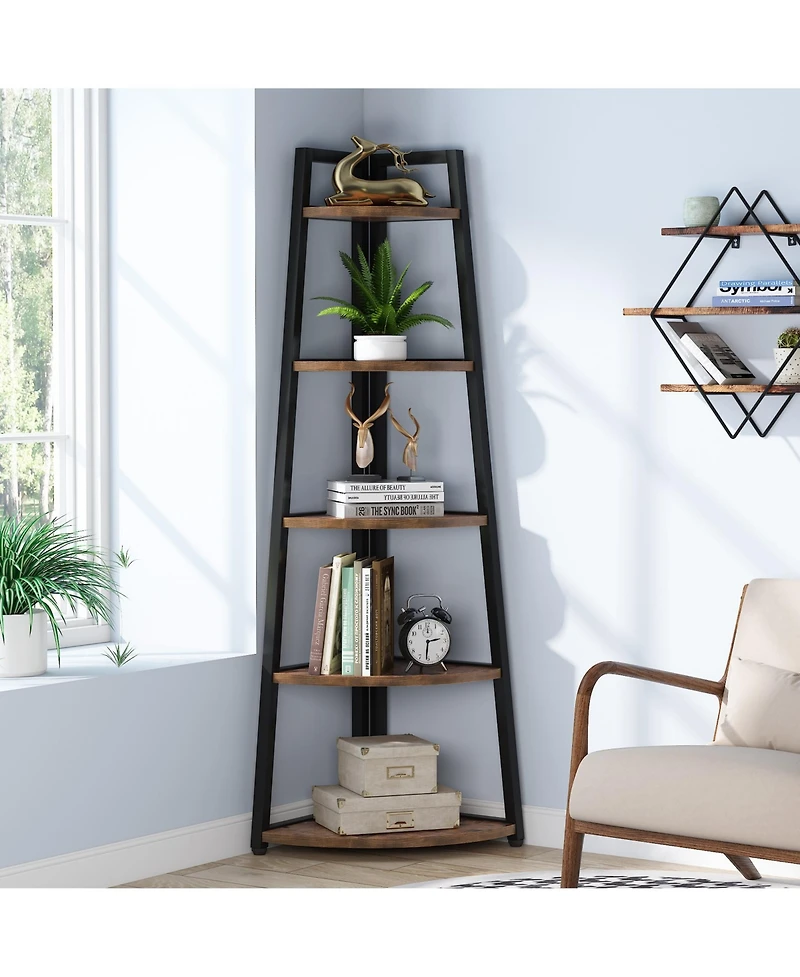 Tribesigns 5 Tier Industrial Corner Bookshelf Bookcase,70 inch Tall Shelf,Industrial Ladder Shelf Plant Stand