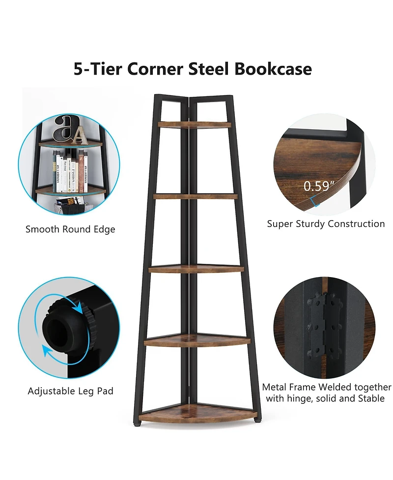 Tribesigns 5 Tier Industrial Corner Bookshelf Bookcase,70 inch Tall Shelf,Industrial Ladder Shelf Plant Stand