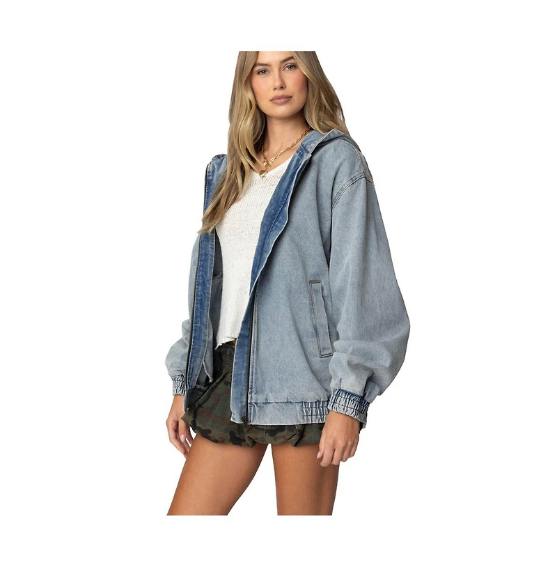Edikted Womens Hooded Vintage Washed Denim Bomber Jacket