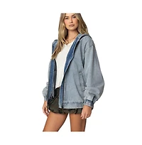 Edikted Womens Hooded Vintage Washed Denim Bomber Jacket