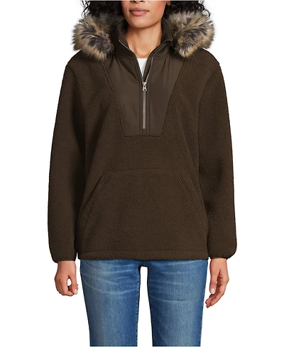 Lands' End Women's Hooded Half Zip Faux Fur High Pile Fleece Pullover