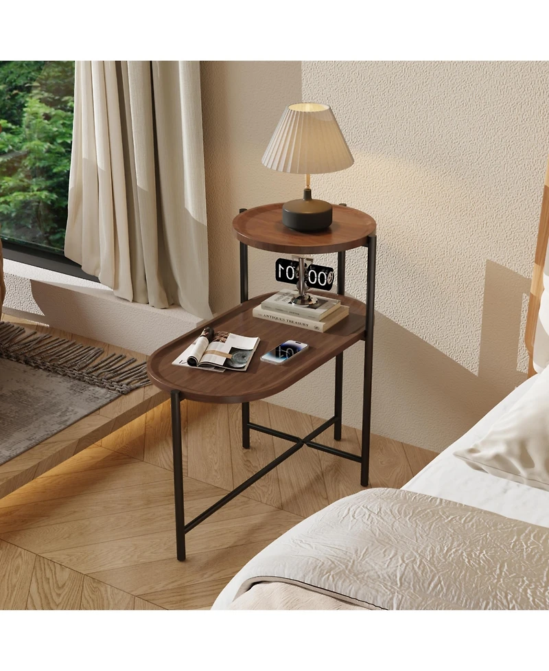 Slickblue Modern 2-Tier Small Coffee Table with Wood Storage Shelf, Sofa Side Table, Walnut Brown