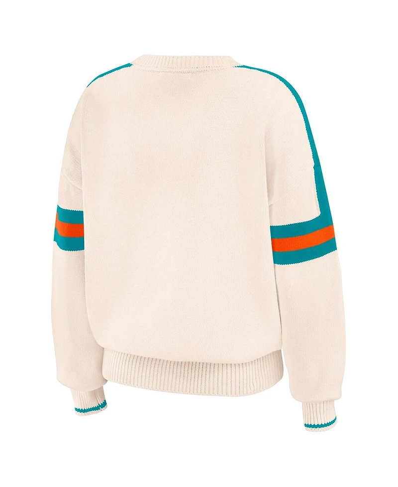 Wear by Erin Andrews Women's Cream Miami Dolphins Stripe Pullover Sweater