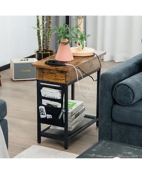Gymax End Table with Charging Station Industrial Nightstand Flip Top Side Pocket Usb