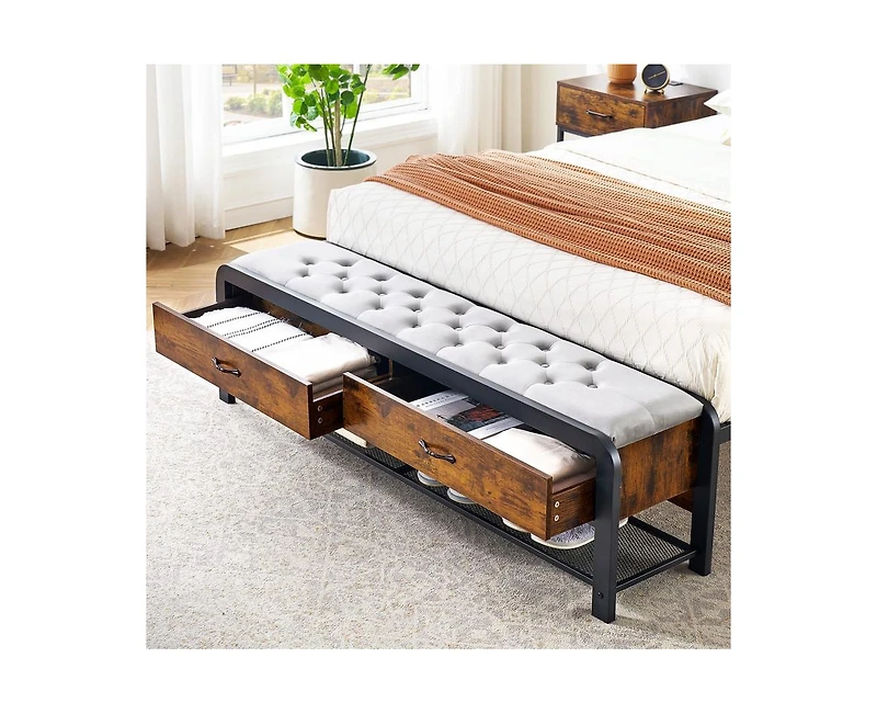 gaomon Queen Size Metal Bed Frame with Rounded Corners, Platform Frame with Storage Bench, Double Bed Frame for Bedroom, No Box Spring Required