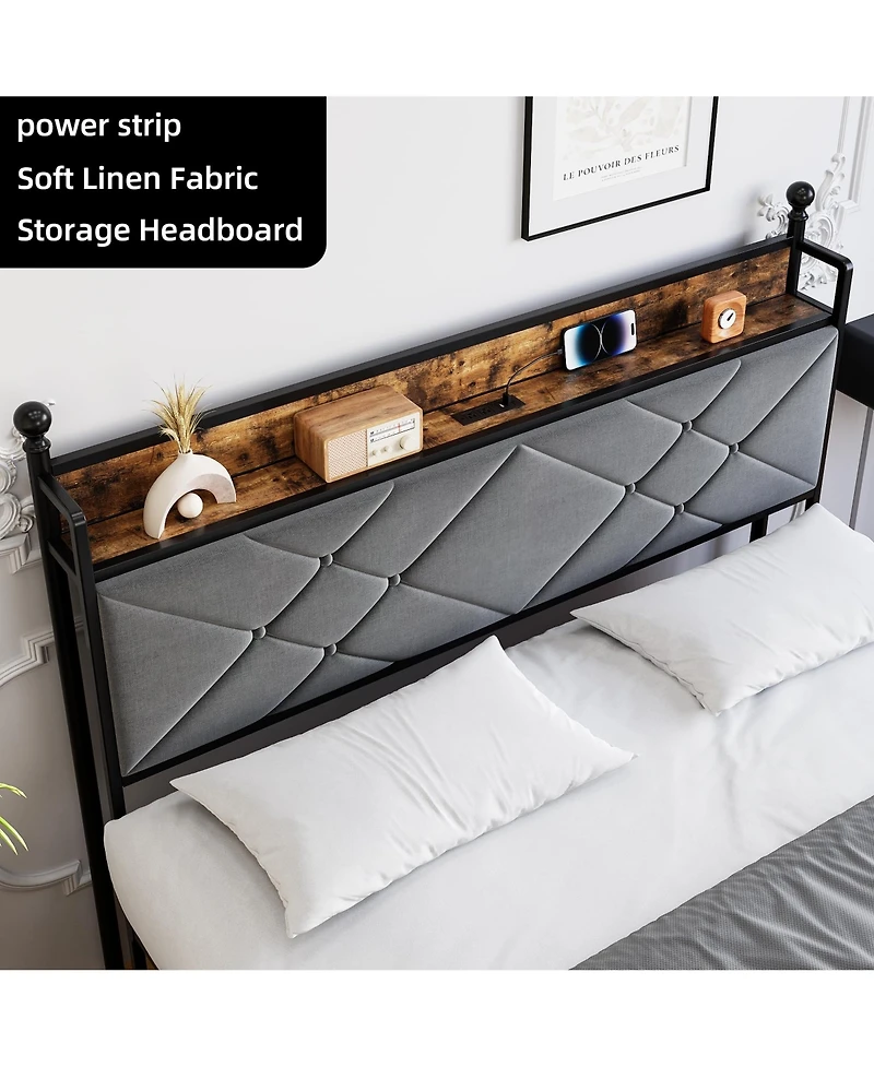 gaomon Bed Frame, Metal Canopy Platform Bed Frame with with Linen Storage Headboard Usb Ports & Outlet
